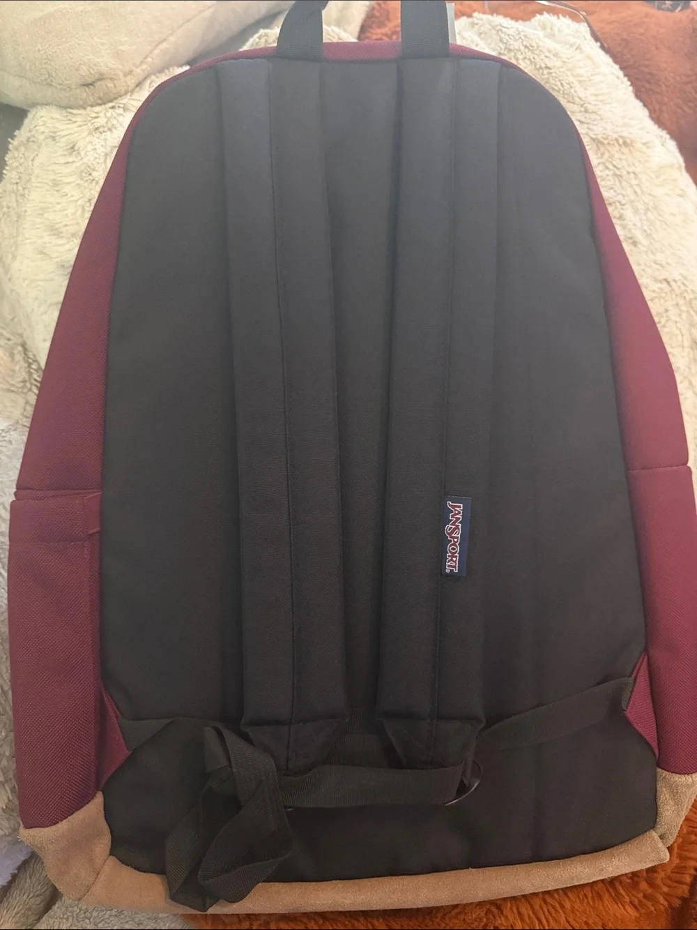 Jansport Burgundy Backpack with Tan Suede Trim - Picture 2 of 4